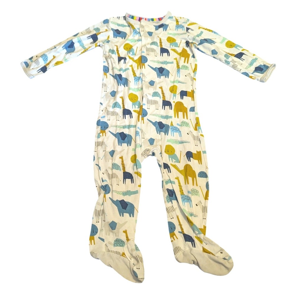 Magnetic Me Safari Animal Zoo Print Modal Footie Pajama Blue Yellow‎ 6-9 Months